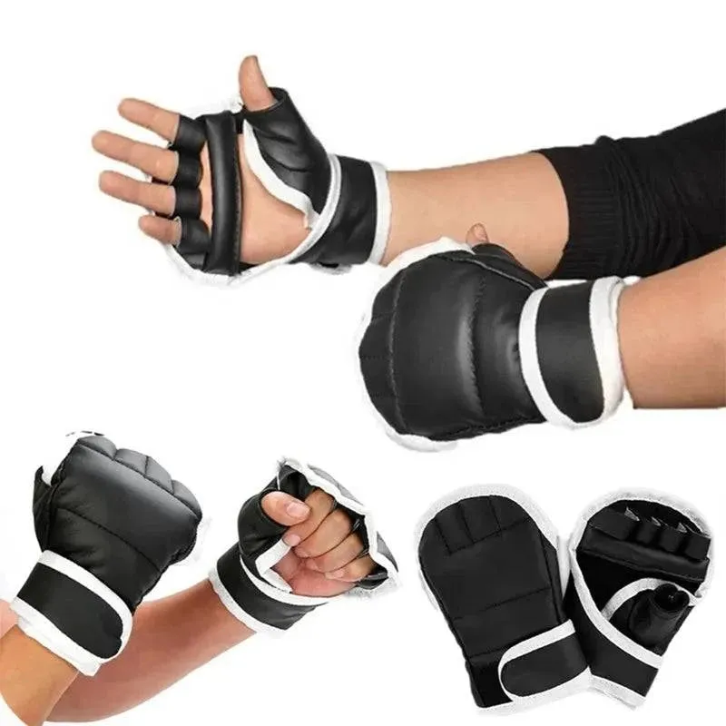 1Pair New Leather Half Finge Karate Boxing Gloves Mitts Sanda Karate Sandbag Taekwondo Protector Gloves MMA Muay Thai