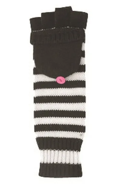 Black & White Stripe Mitten-Flap Fingerless Gloves