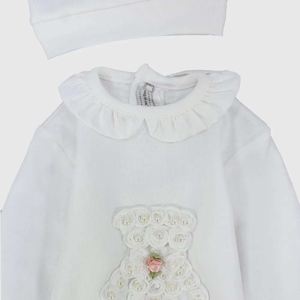 Blossom Bear Long-Sleeved Baby Footless Onesie With Cap & Gloves