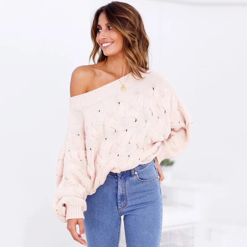 Boat Neck Loose Irregular Sleeves Women Knit Pullover Sweater