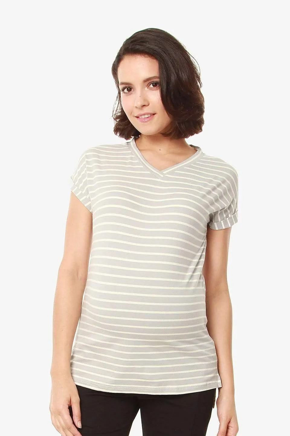 Cap Sleeves Calla V Neck Grey Stripes Nursing Top