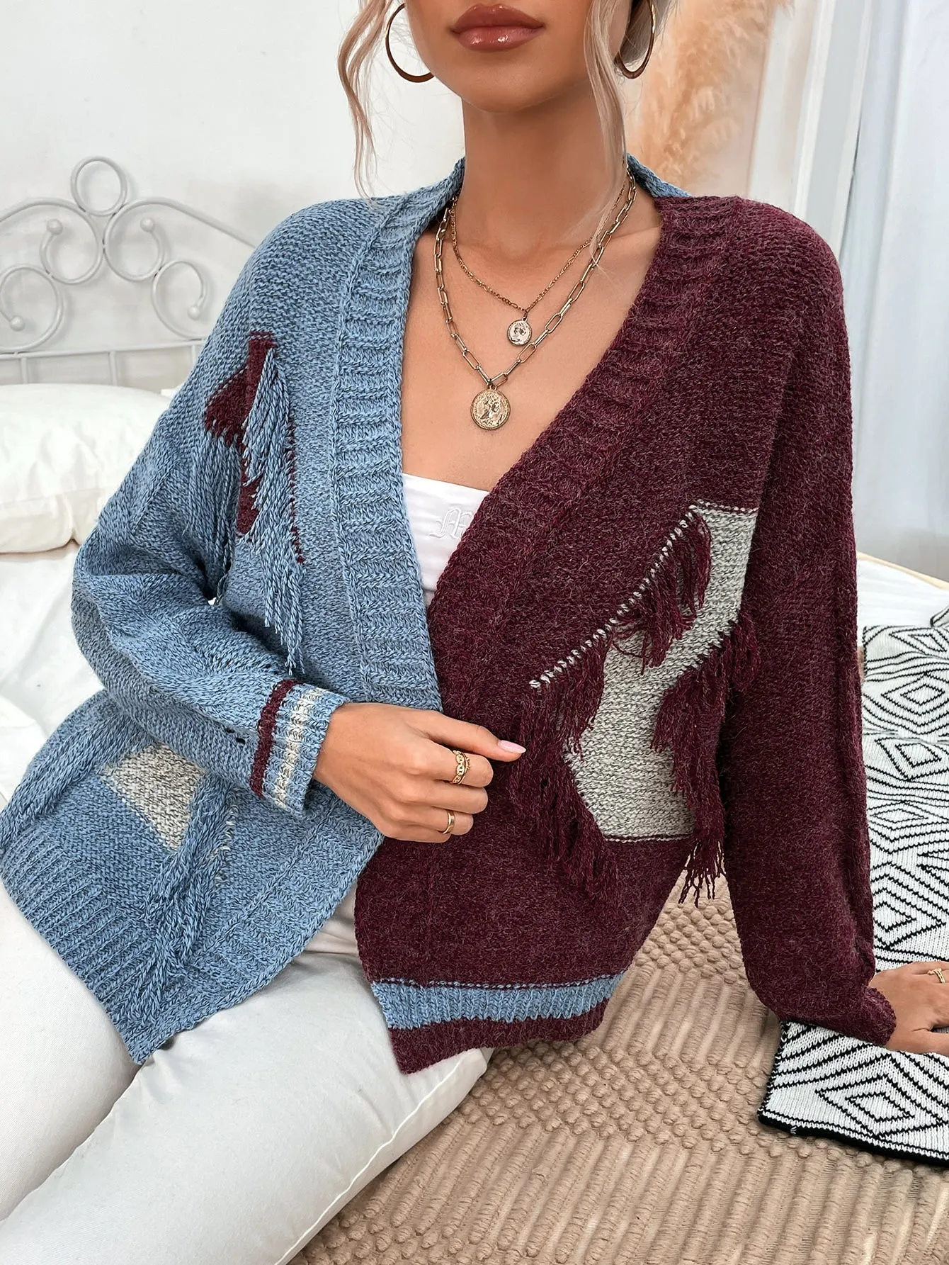 Casual Colorblock Fringe Long Sleeve Regular Women Cardigan