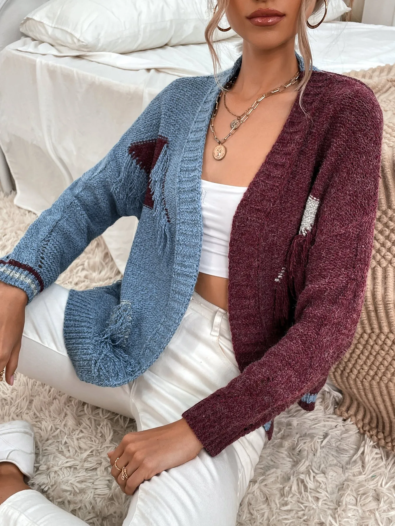 Casual Colorblock Fringe Long Sleeve Regular Women Cardigan