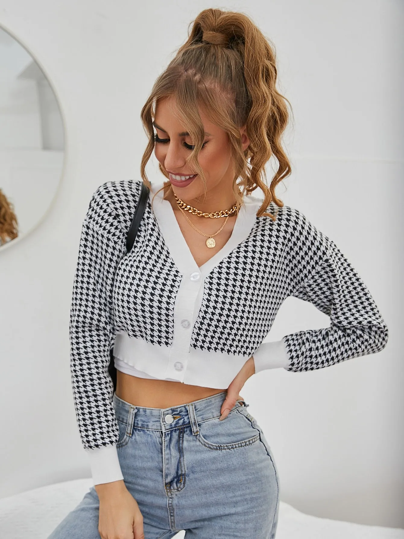 Casual Houndstooth Button Front Long Sleeve V Neck Crop Women Cardigan