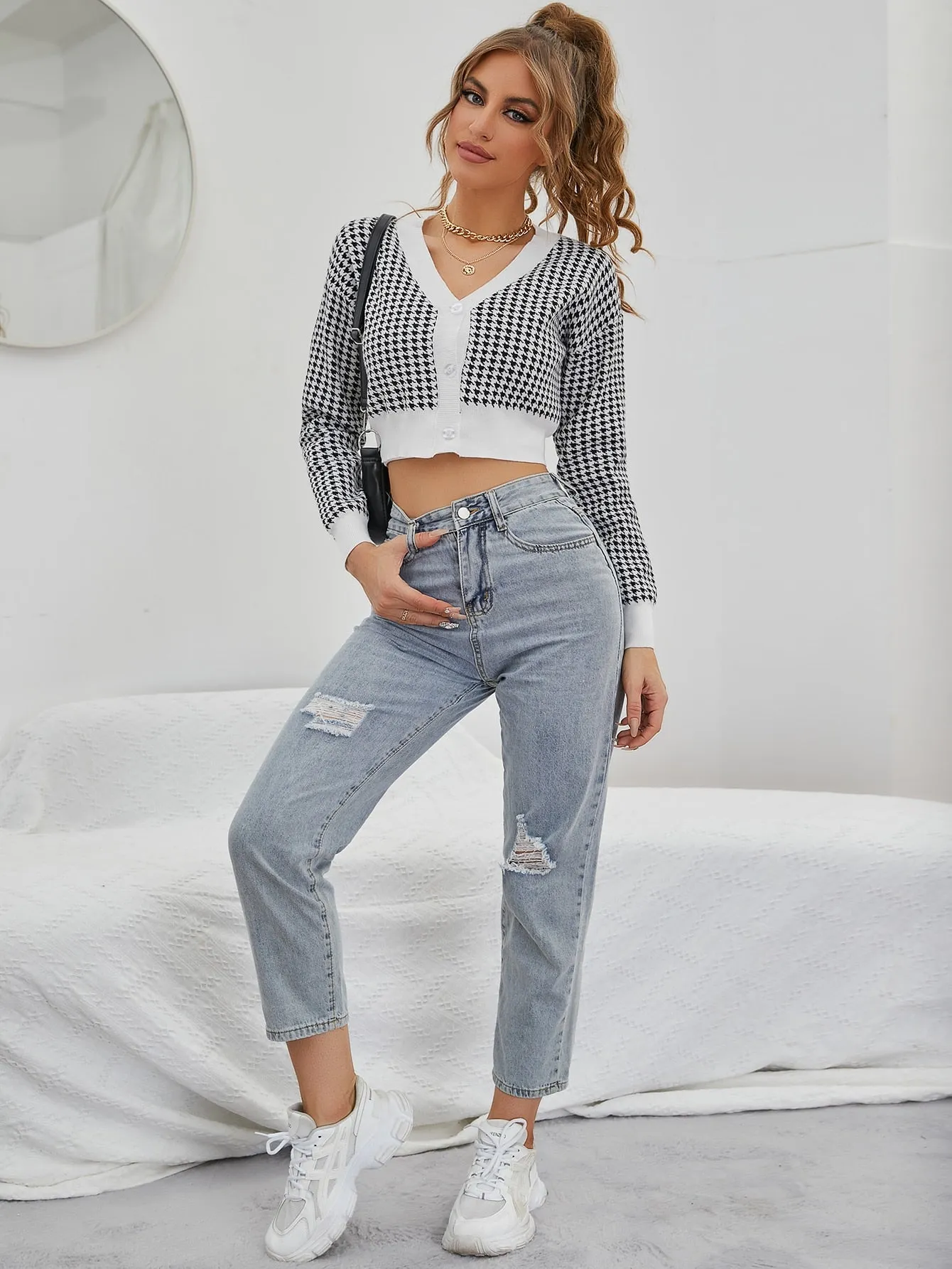 Casual Houndstooth Button Front Long Sleeve V Neck Crop Women Cardigan