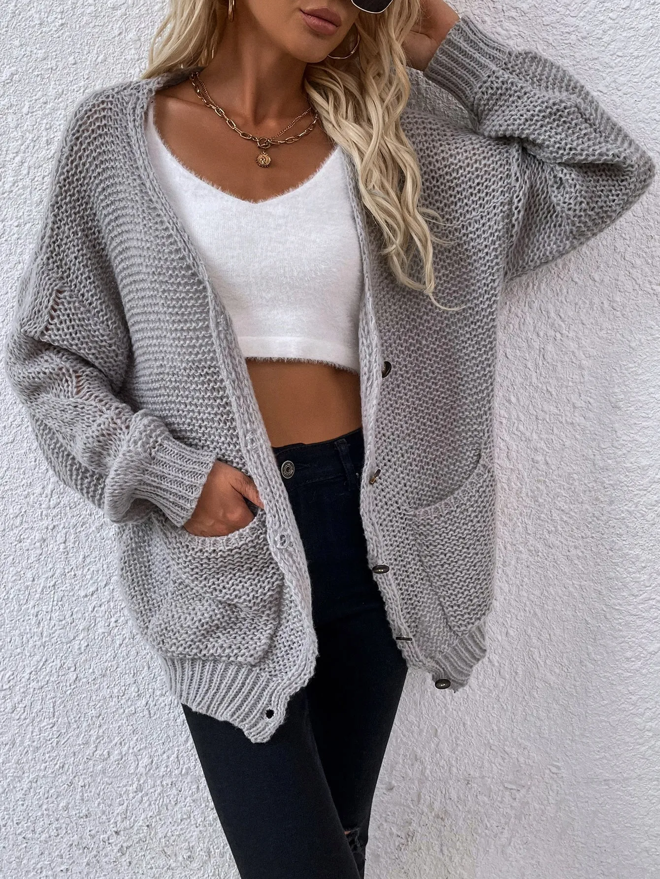 Casual Plaid Pocket Long Sleeve V Neck Short Women Cardigan