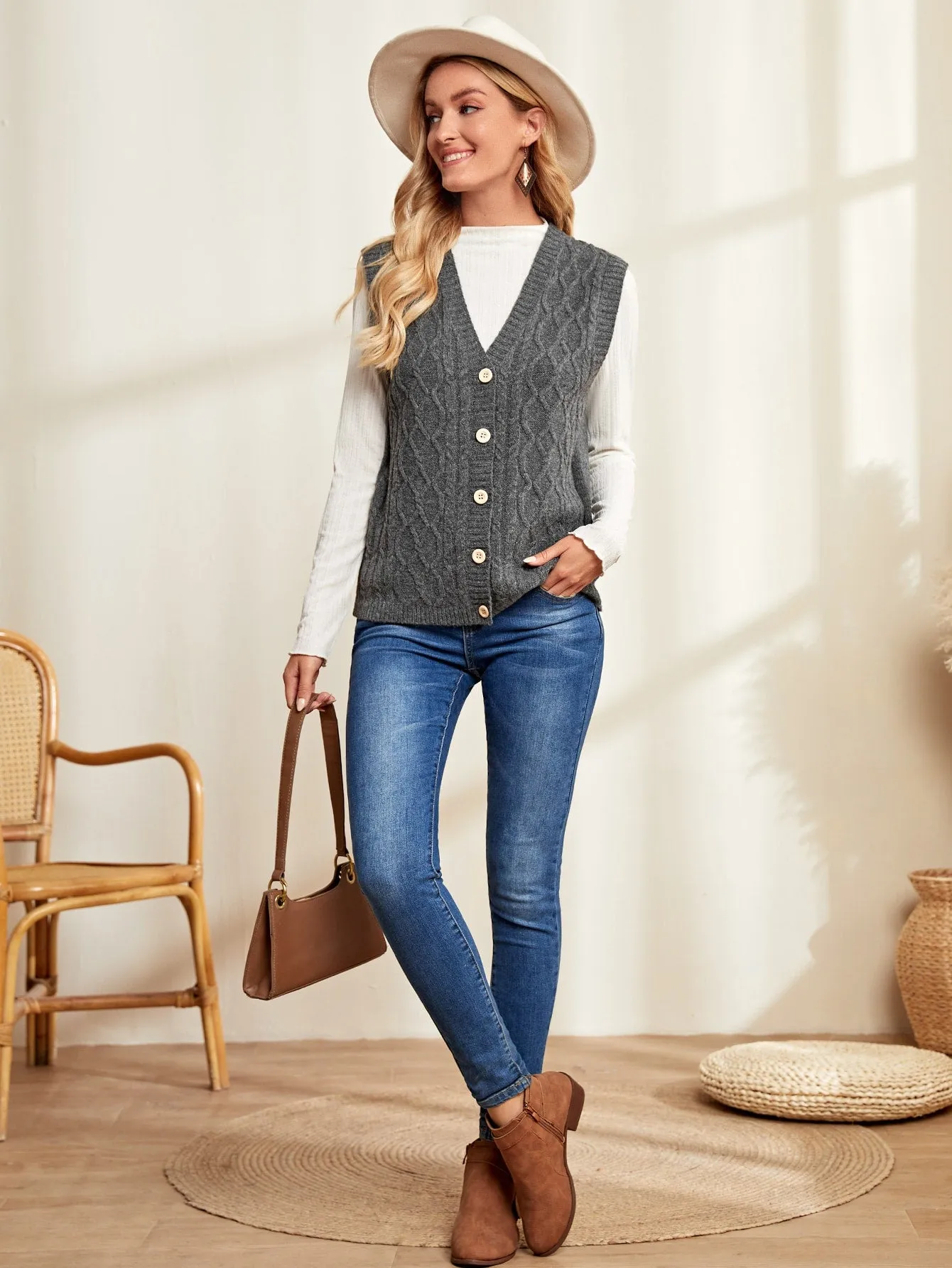 Casual Plain Button Front Sleeveless V Neck Regular Women Cardigan