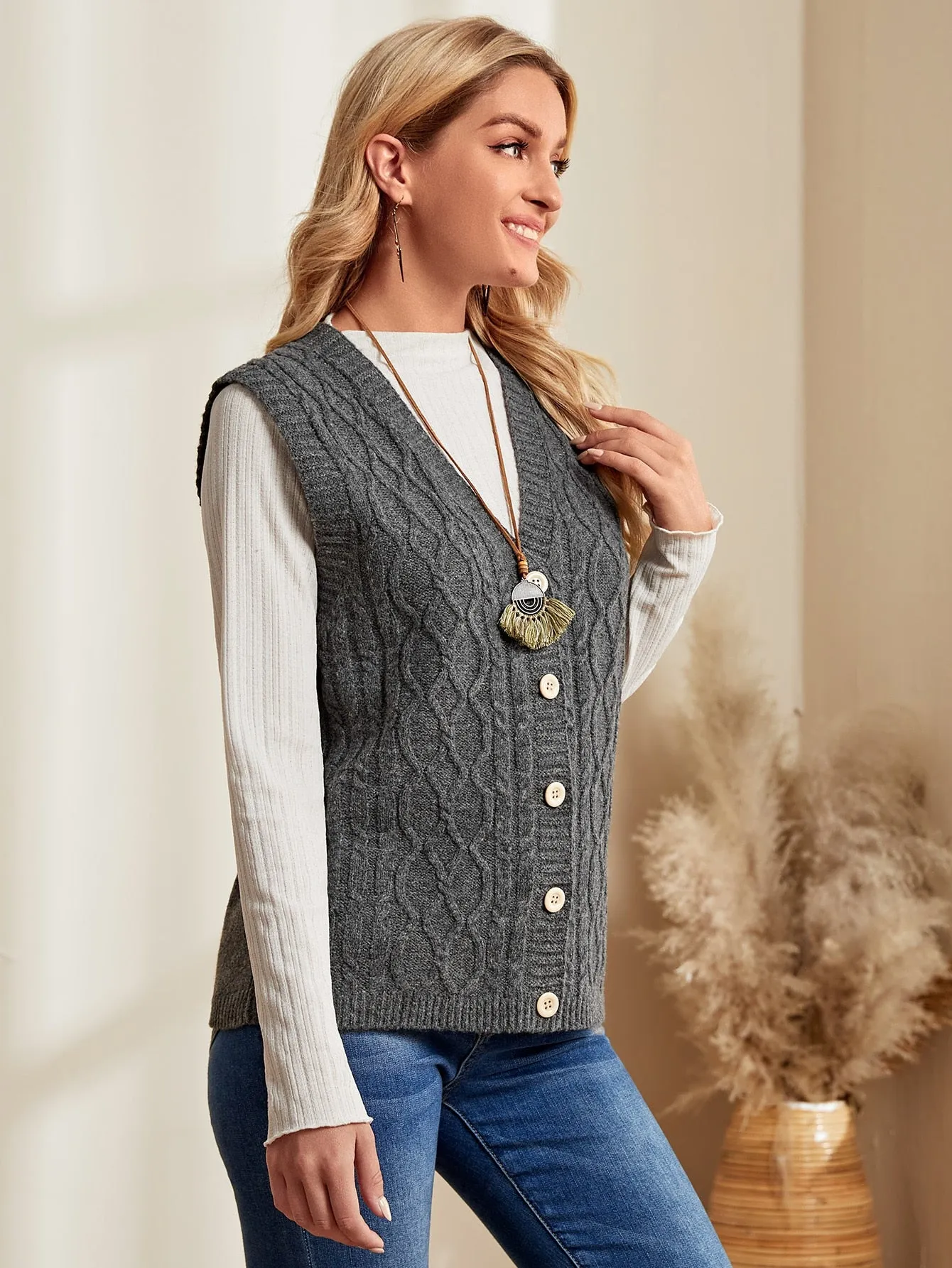 Casual Plain Button Front Sleeveless V Neck Regular Women Cardigan