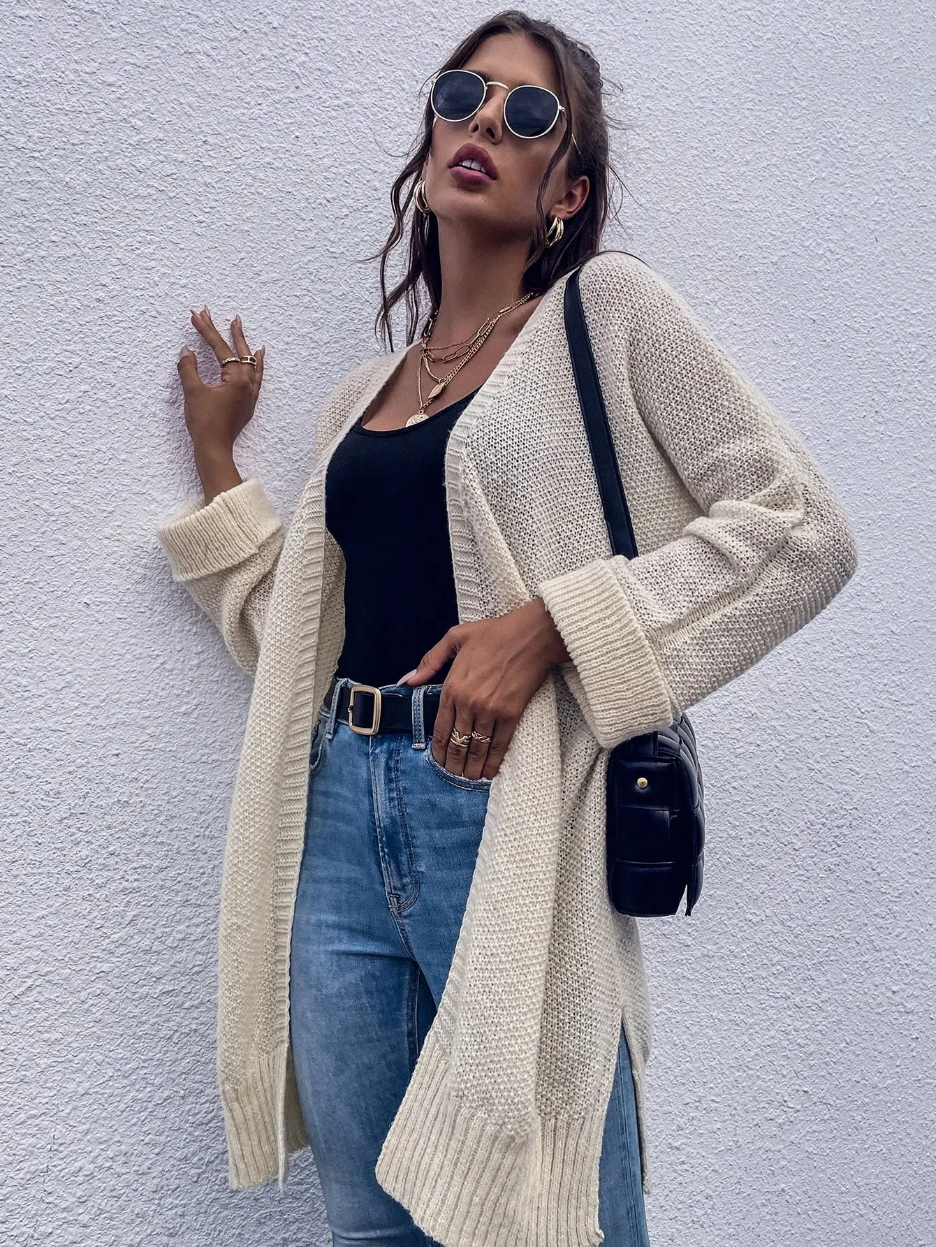 Casual Plain Split Long Sleeve Slit Long Women Cardigan