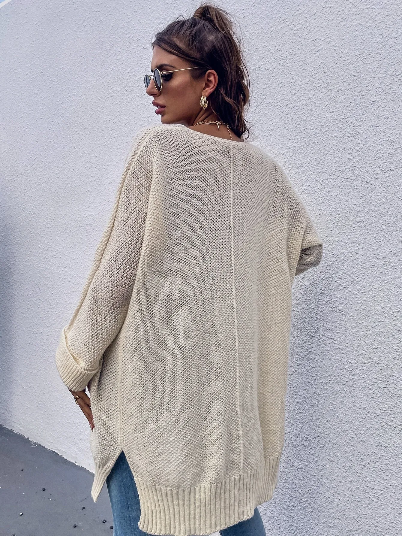 Casual Plain Split Long Sleeve Slit Long Women Cardigan