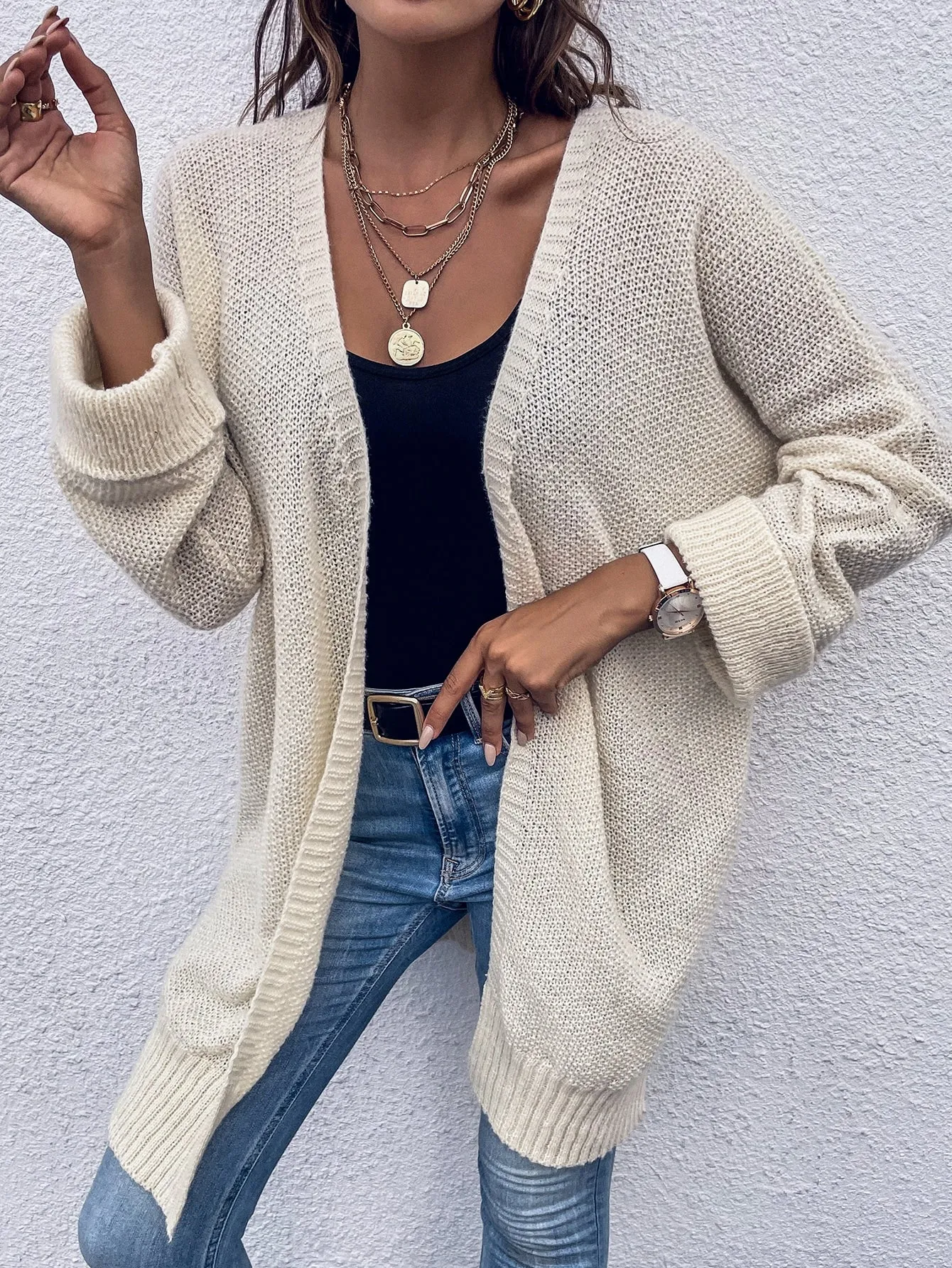 Casual Plain Split Long Sleeve Slit Long Women Cardigan