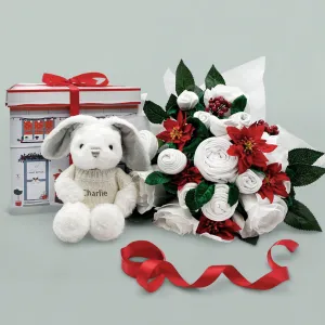 Christmas Luxury Rose Baby Clothes Bouquet with Personalised Baby Bunny with Jumper, Grey