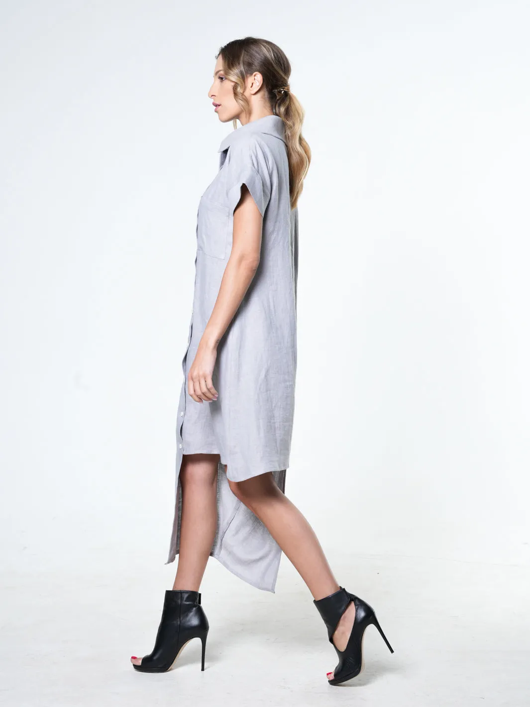 Collared Linen Shirt Dress In Gray