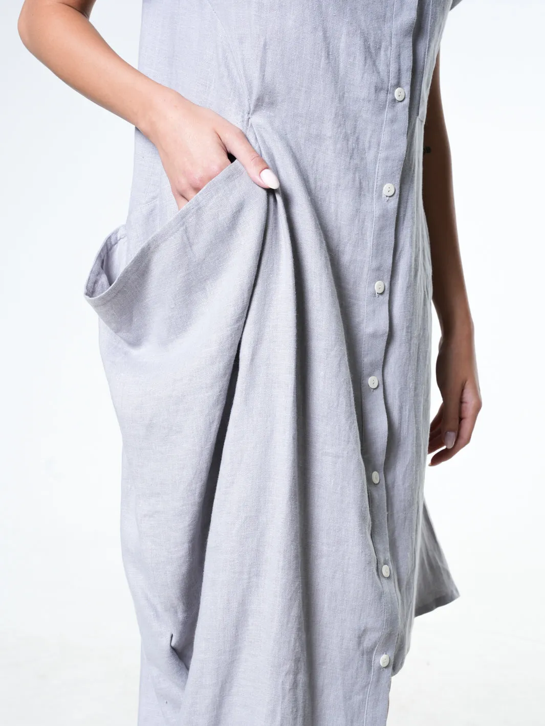 Collared Linen Shirt Dress In Gray