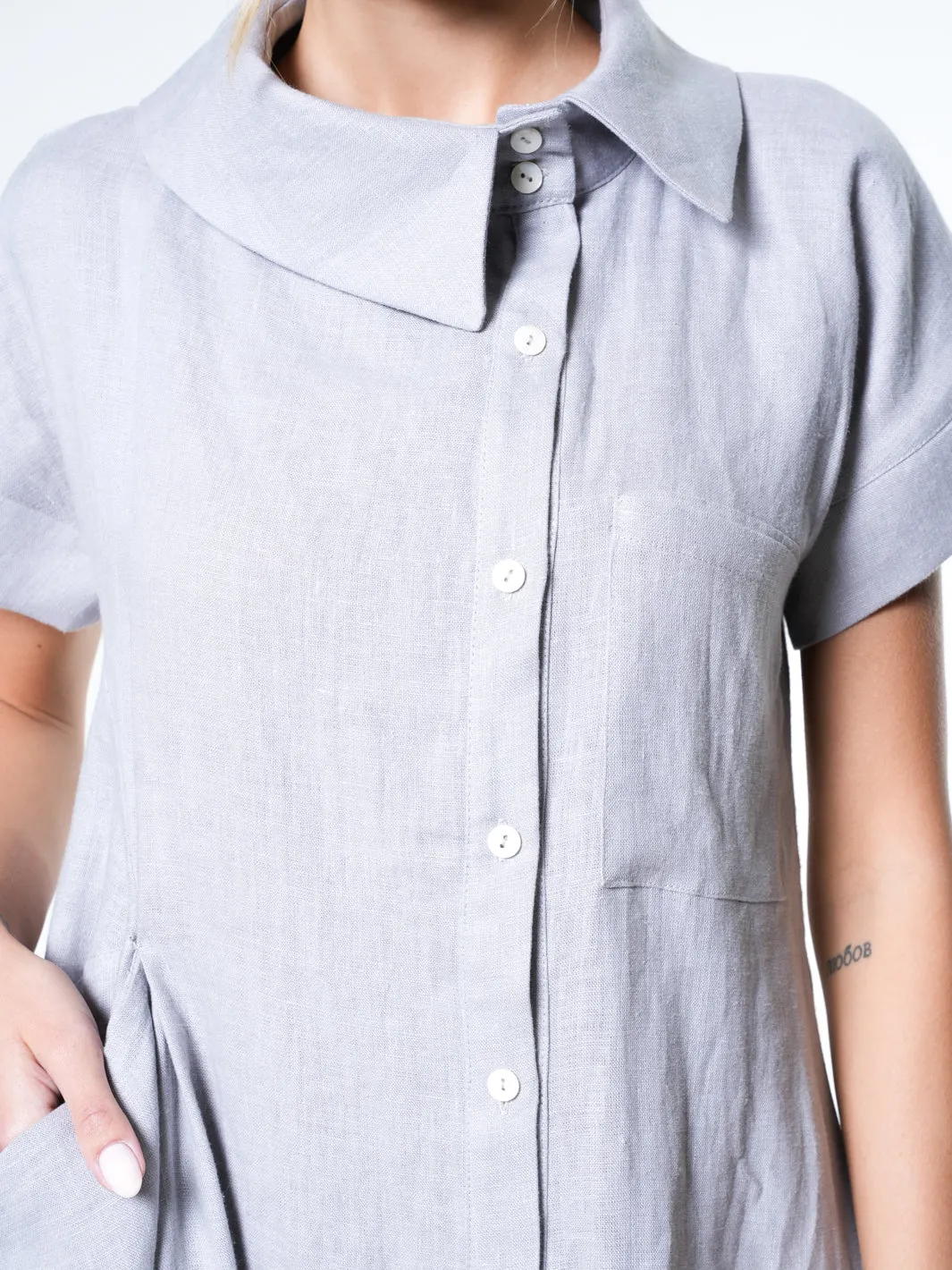 Collared Linen Shirt Dress In Gray