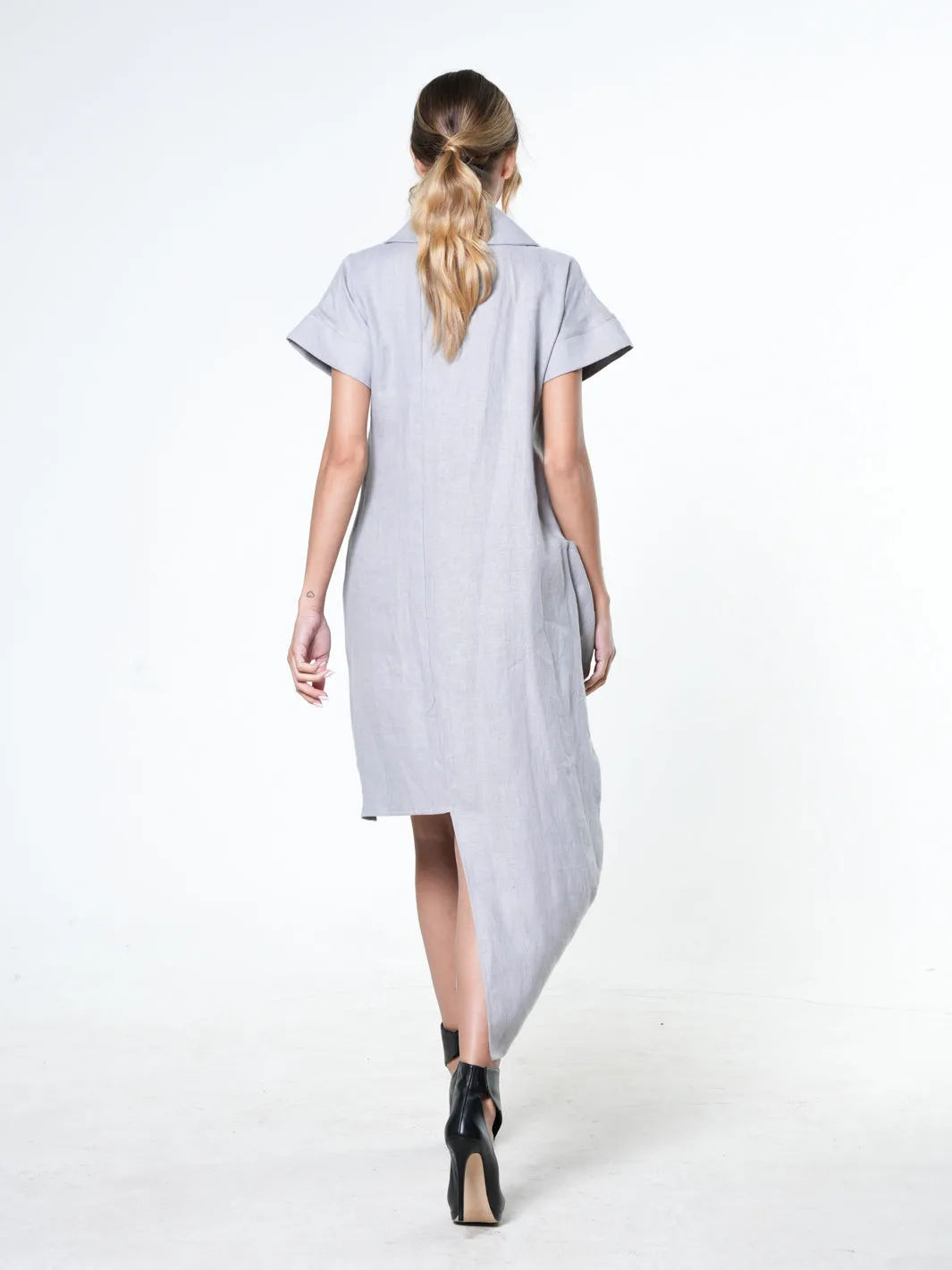 Collared Linen Shirt Dress In Gray