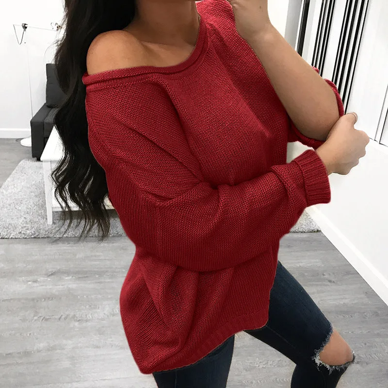 Crew Neck Solid Color Loose Pullover Women Sweaters