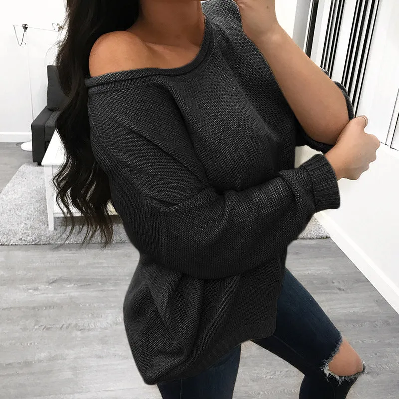 Crew Neck Solid Color Loose Pullover Women Sweaters