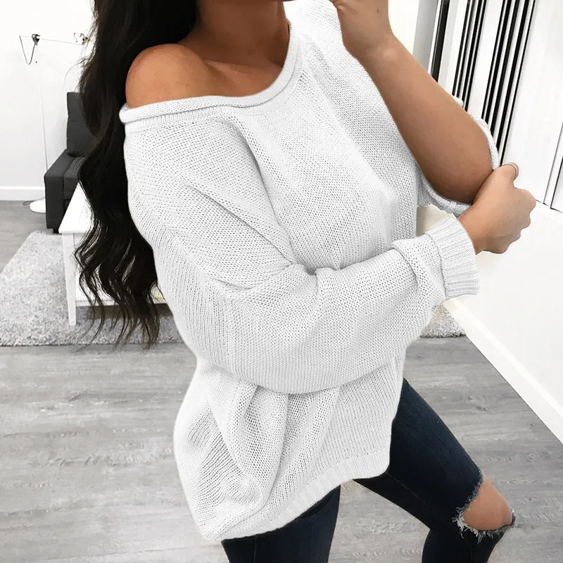 Crew Neck Solid Color Loose Pullover Women Sweaters