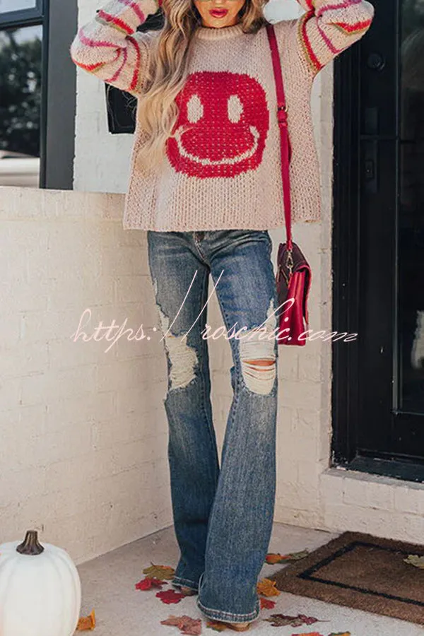 Fall Into Happiness Knit Smiley Face Striped Pullover Sweater