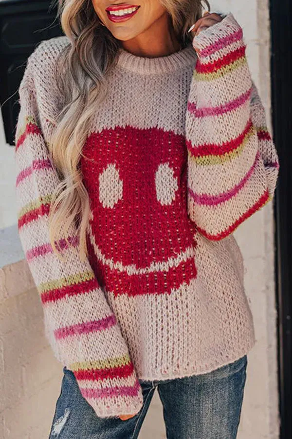 Fall Into Happiness Knit Smiley Face Striped Pullover Sweater