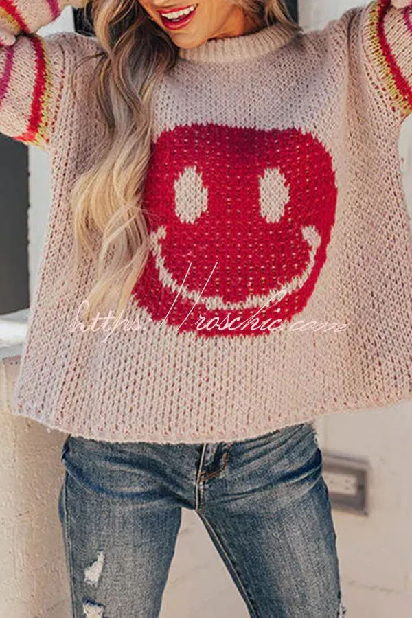 Fall Into Happiness Knit Smiley Face Striped Pullover Sweater