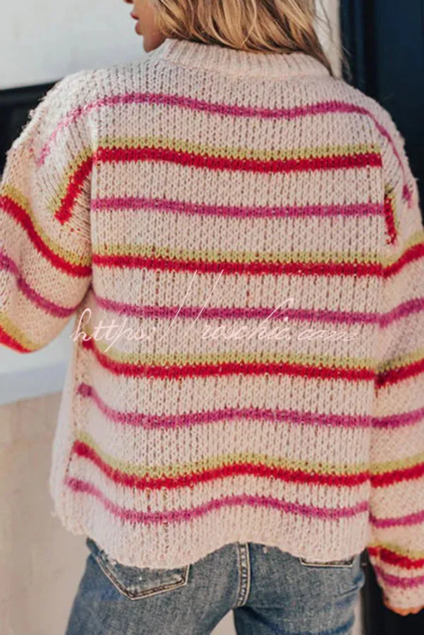 Fall Into Happiness Knit Smiley Face Striped Pullover Sweater