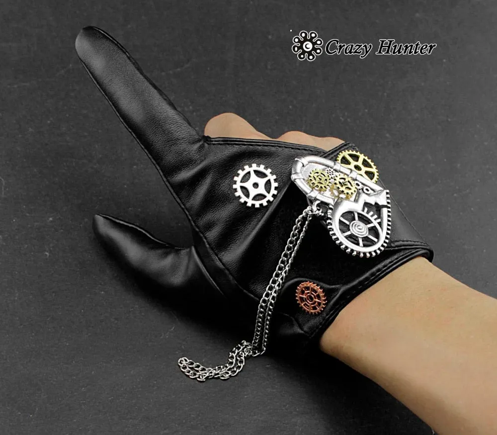 FANCY STEAMPUNk Womens Girls Gears Chain Tow Finger Leather Gloves