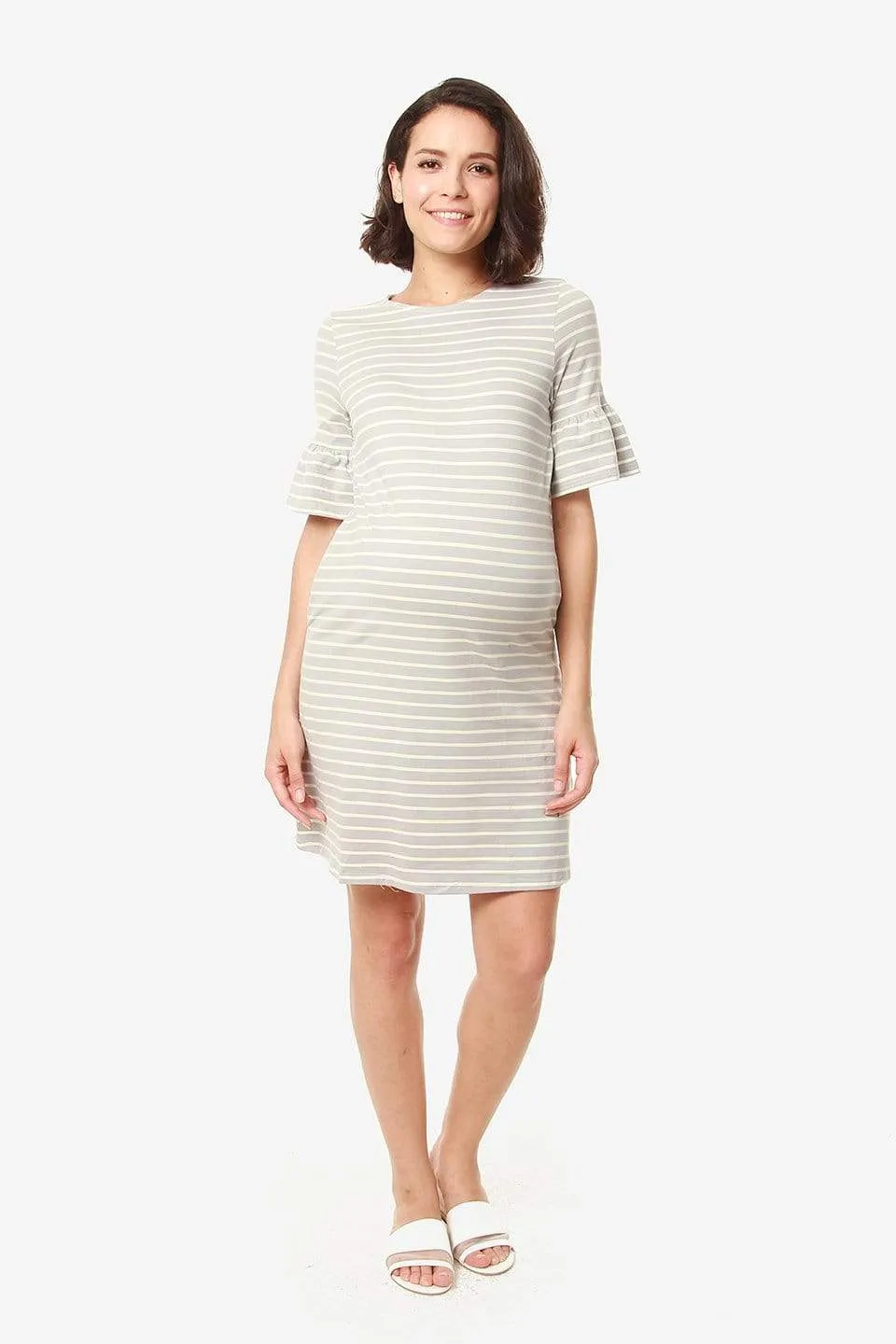 Flounce Sleeves Camile Grey Stripe Nursing Dress