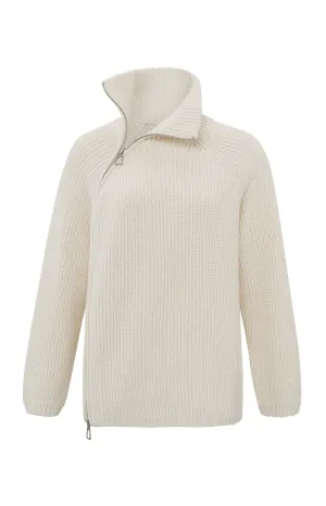 Gerippter Langarm-Rollkragenpullover mit Reißverschluss Off White