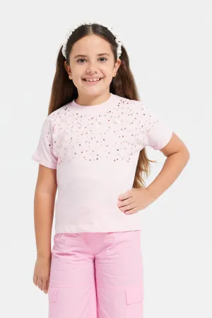 Girls Pink Sequins Embellishment T-Shirt