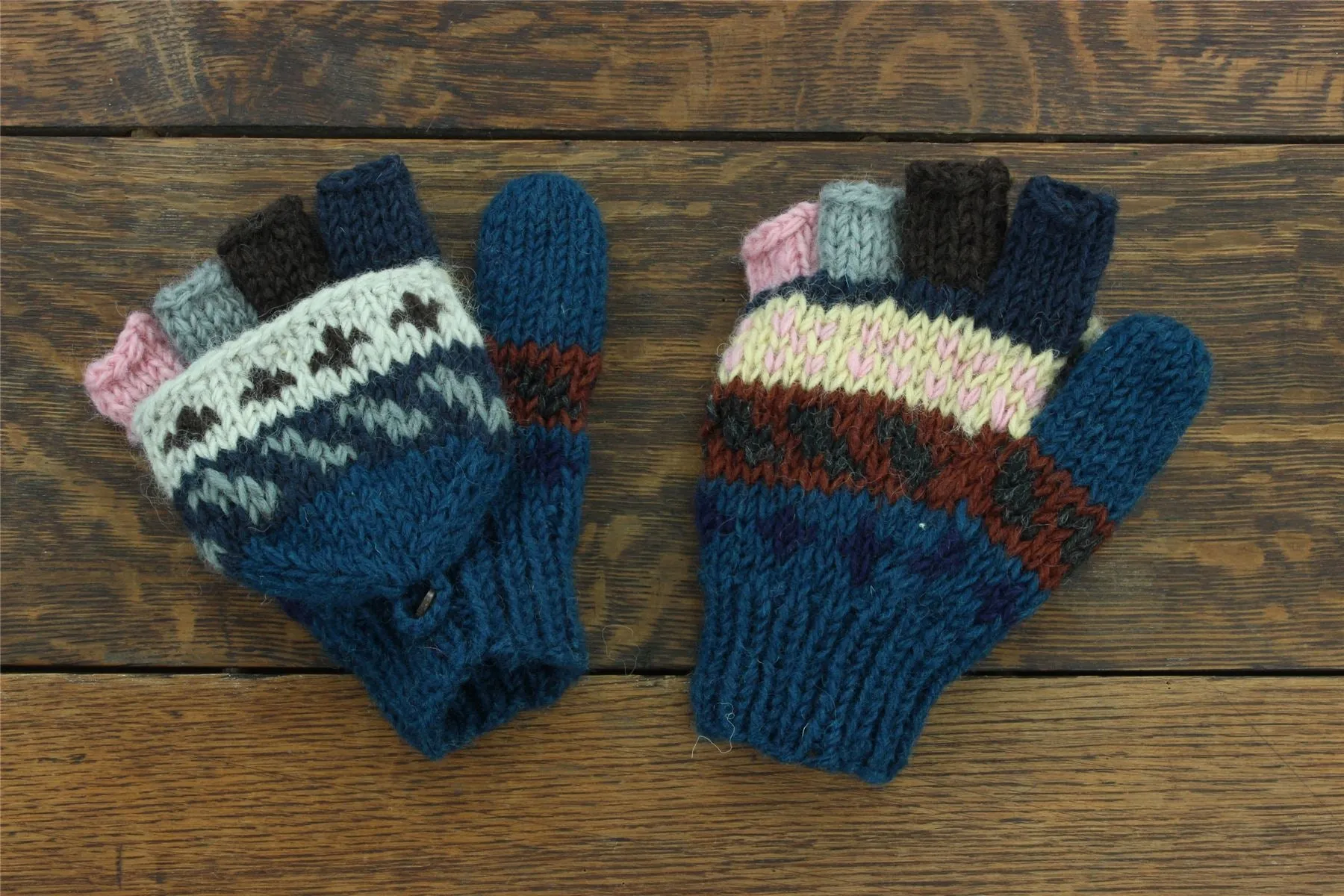 Hand Knitted Wool Shooter Gloves - Stripe Navy Pink Pattern