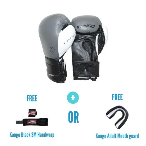 Kango Martial Arts Unisex Adult Black Grey Leather Boxing Gloves   3 Meters Bandage or Mouthguard [WS]