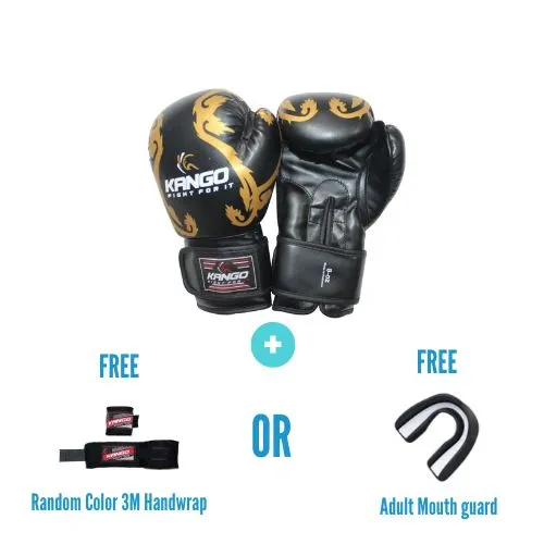 Kango Martial Arts Unisex Adult Black Leather Boxing Gloves   3 Meters Bandage or Mouth Guard [WS]