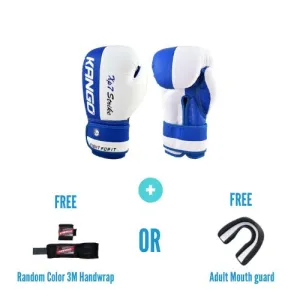 Kango Martial Arts Unisex Adult Blue White Leather Boxing Gloves   3 Meters Bandage or Mouth Guard [WS]