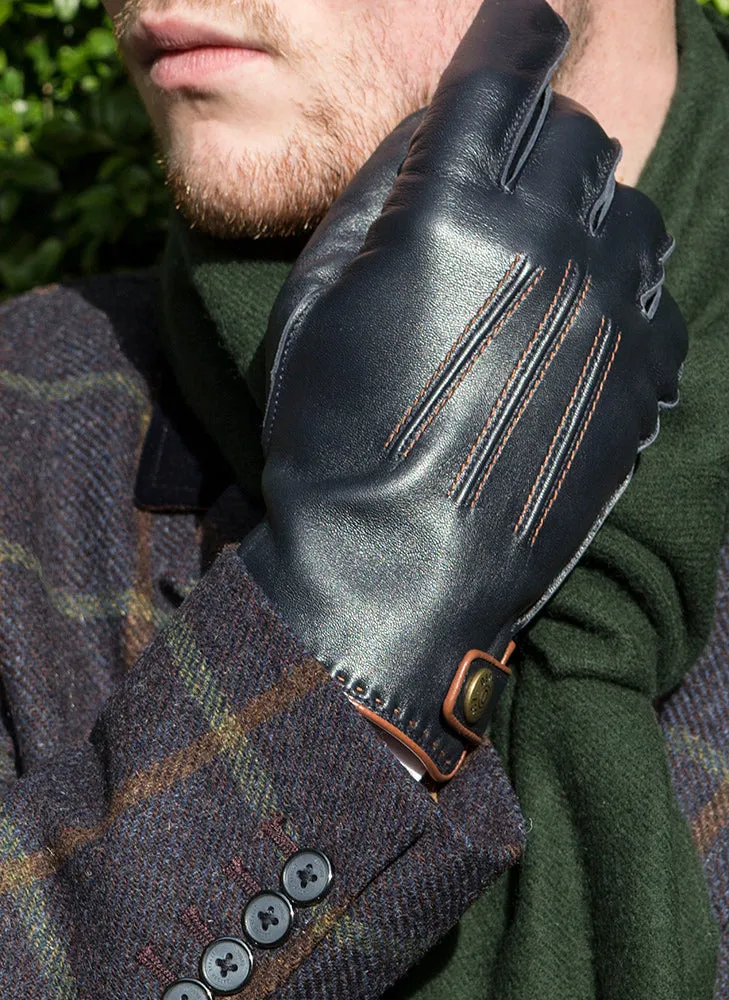 Men's Three-Point Lambswool-Lined Leather Gloves with Stud Tab