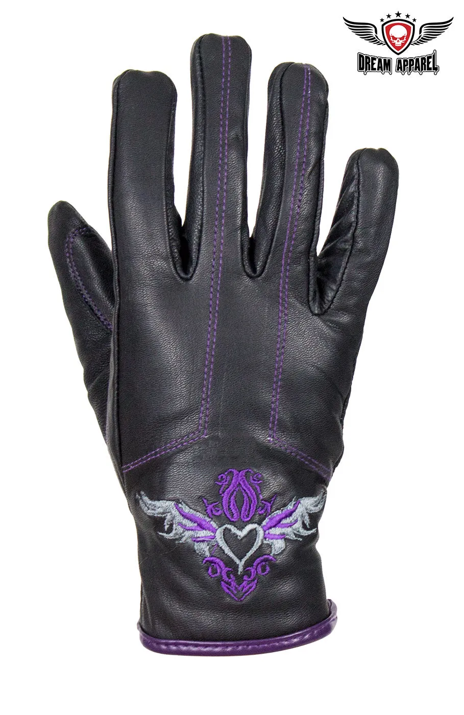 Purple-Heart Graphic Embroidered Leather Gloves