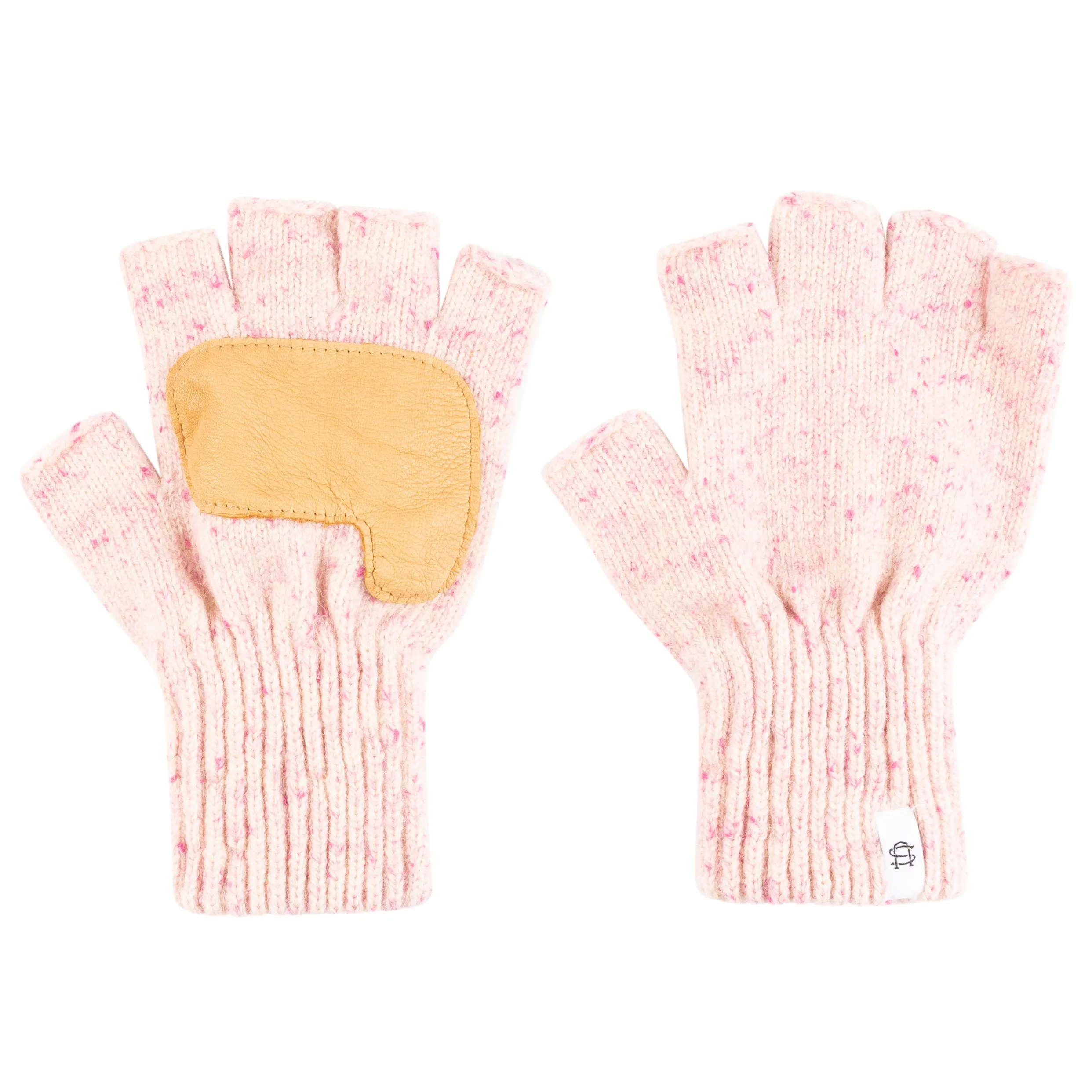 Cherry Blossom Tweed Ragg Wool Fingerless Gloves with Natural Deerskin Accents