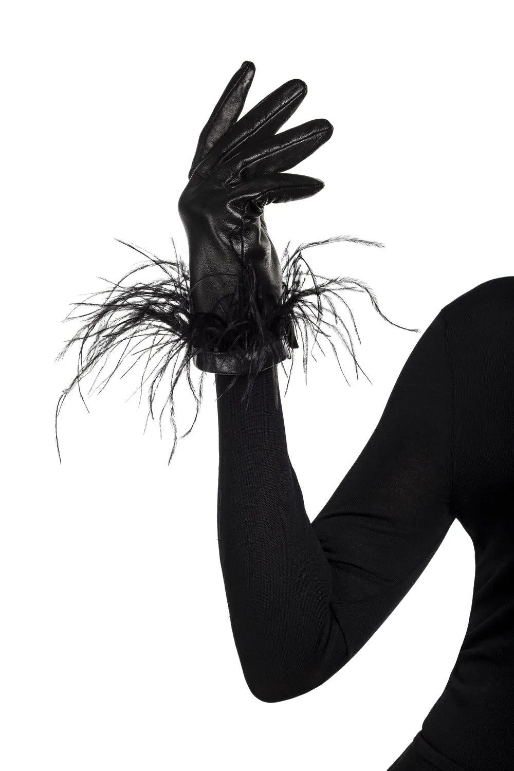 Simone - Women's Silk Lined Black Leather Gloves With Ostrich Feather Cuff