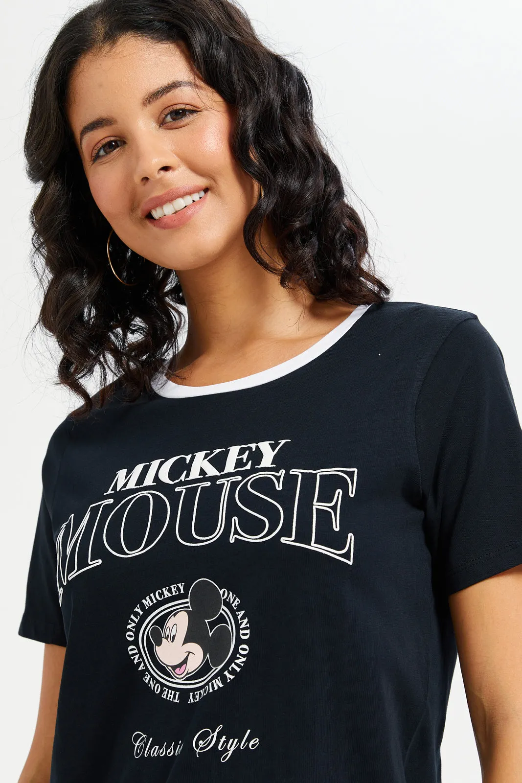 Women Black Mickey Mouse Printed T-Shirt