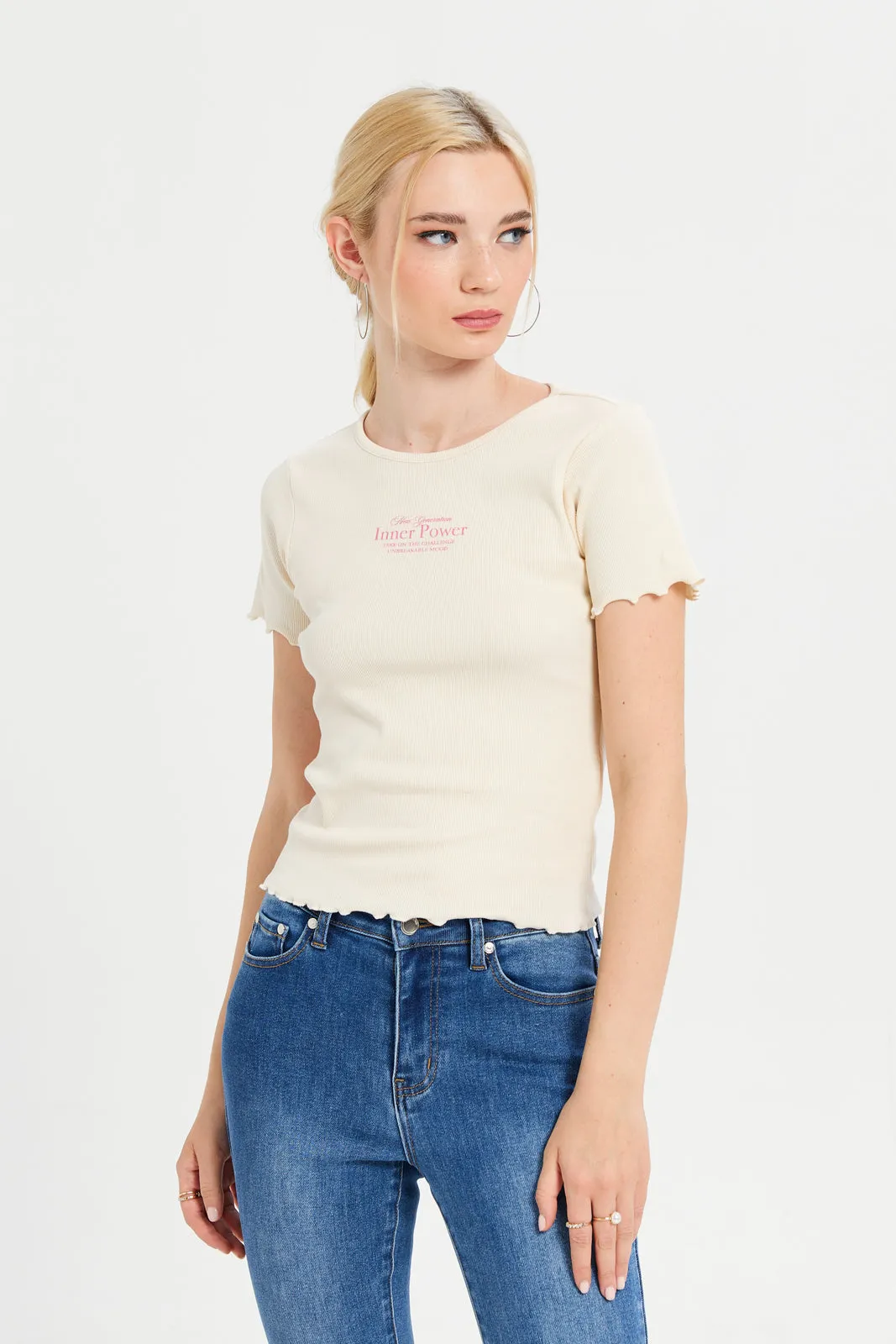 Women Ivory Ribbed T-Shirt