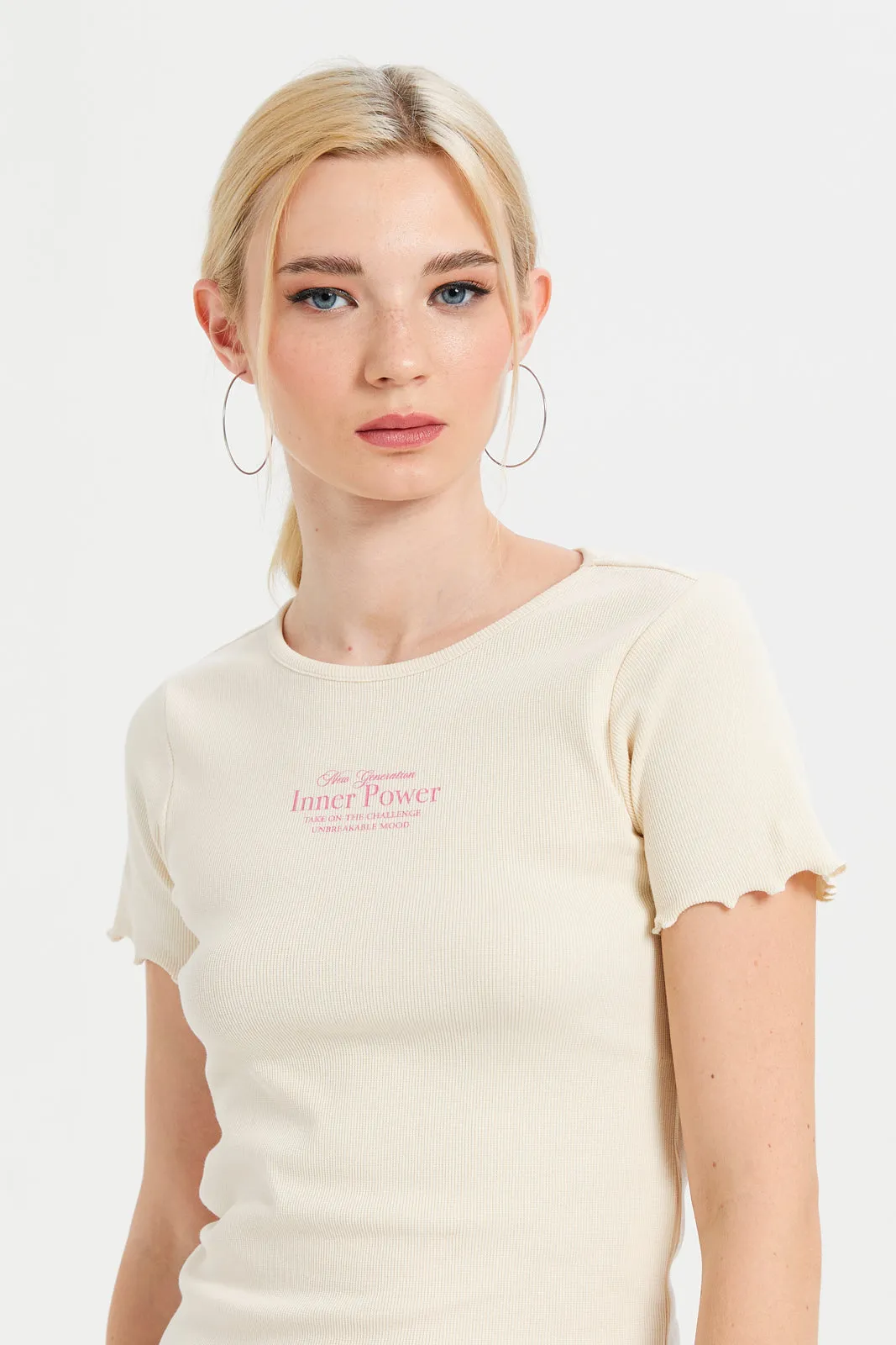 Women Ivory Ribbed T-Shirt