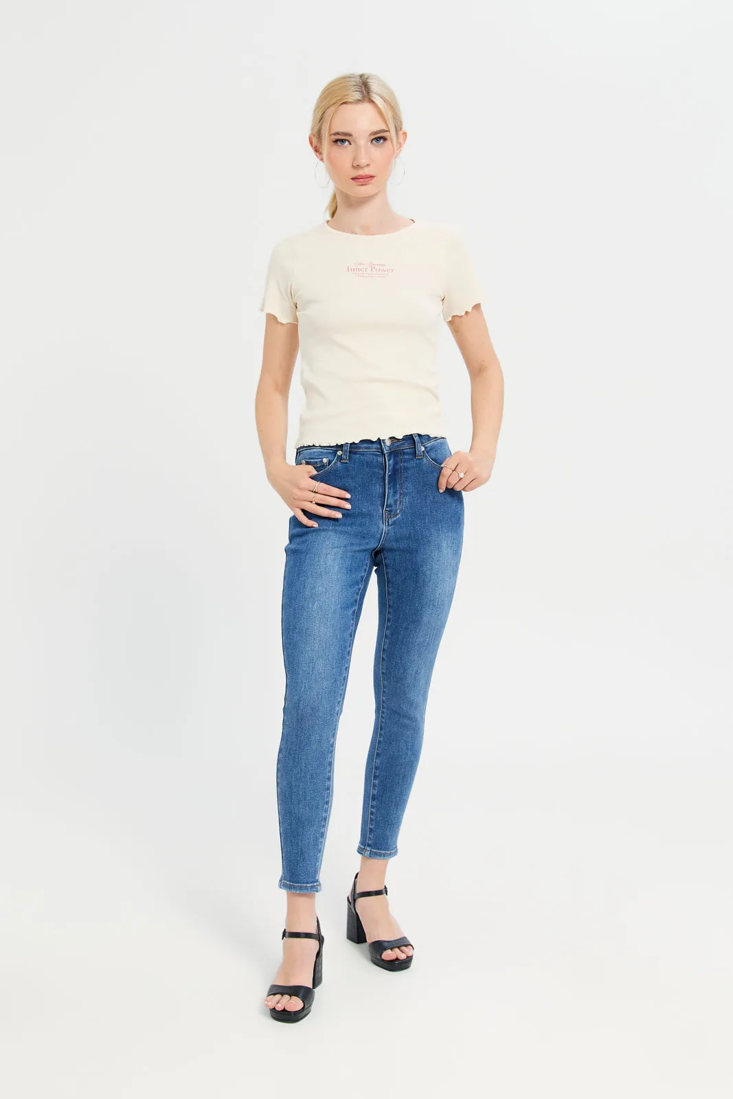 Women Ivory Ribbed T-Shirt