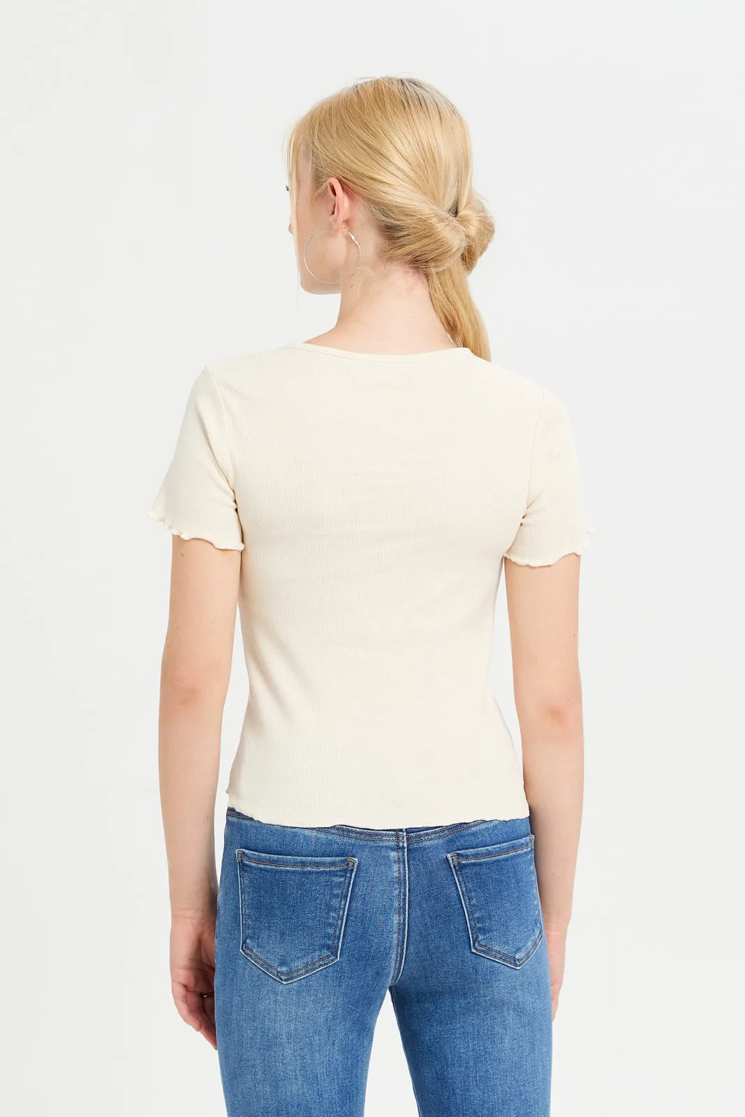 Women Ivory Ribbed T-Shirt