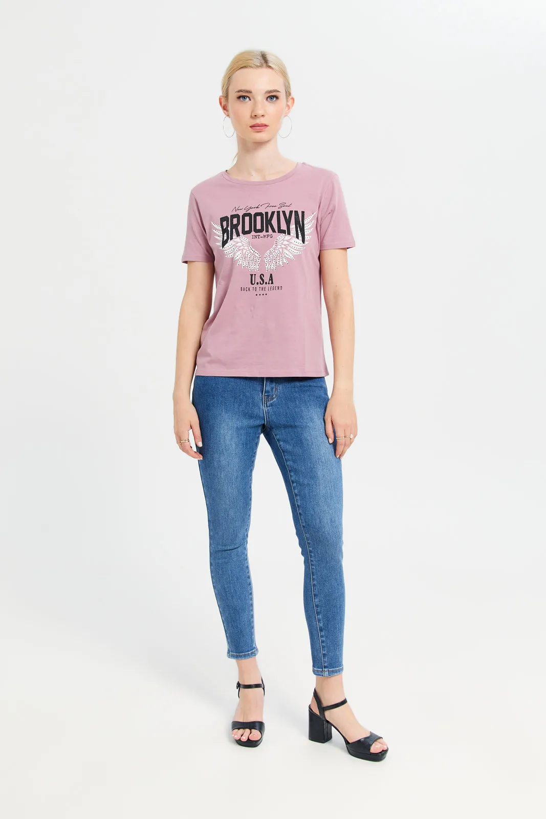 Women Mauve Embellished T-Shirt