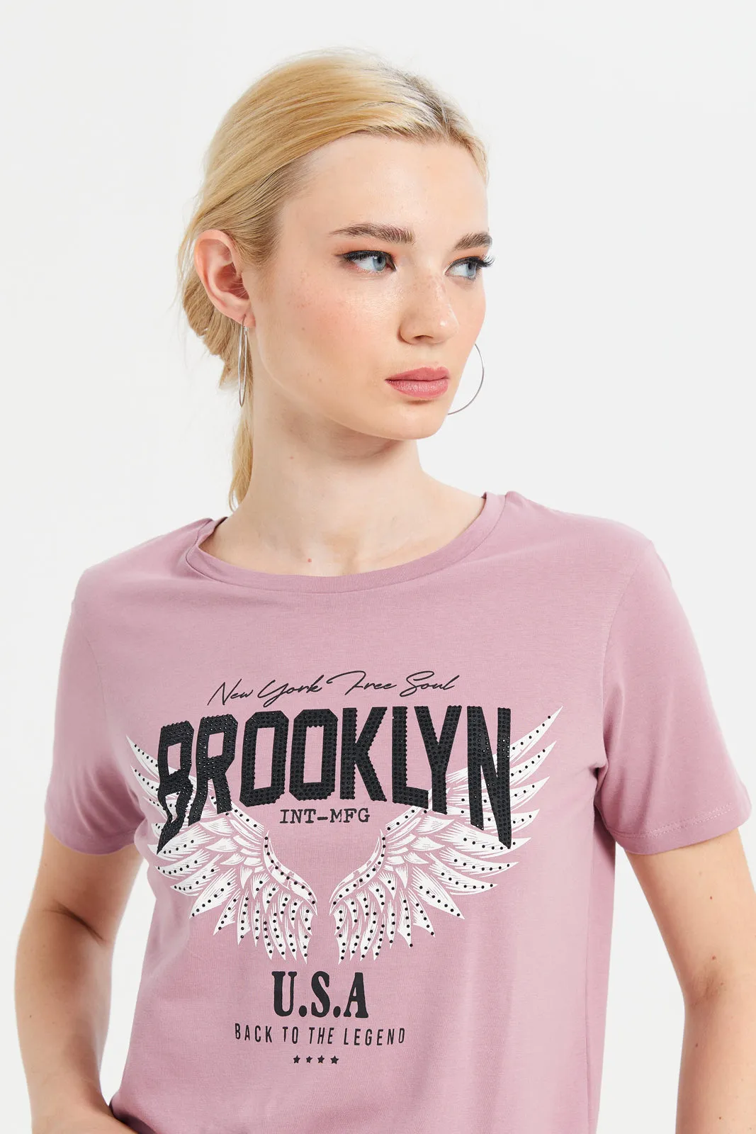 Women Mauve Embellished T-Shirt