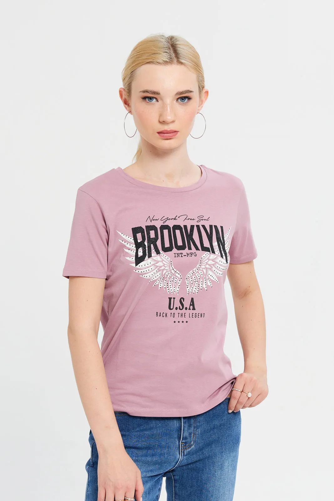 Women Mauve Embellished T-Shirt