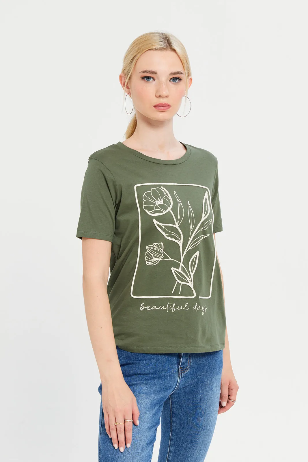 Women Olive Embellished T-Shirt