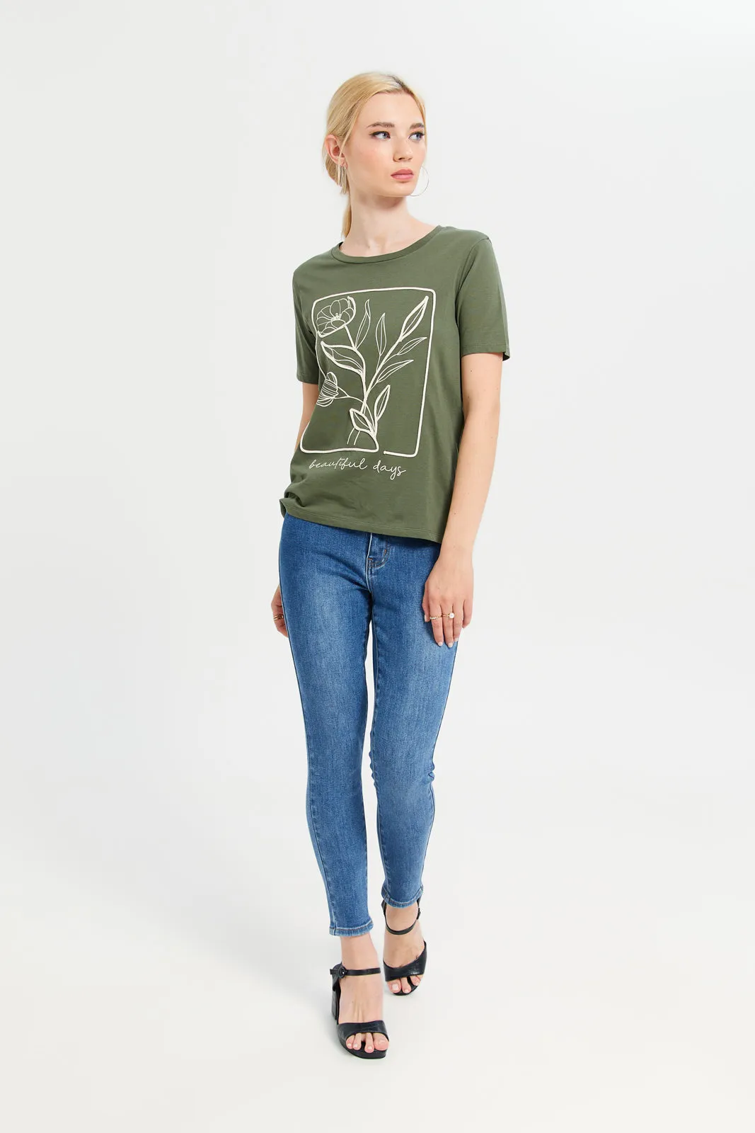 Women Olive Embellished T-Shirt