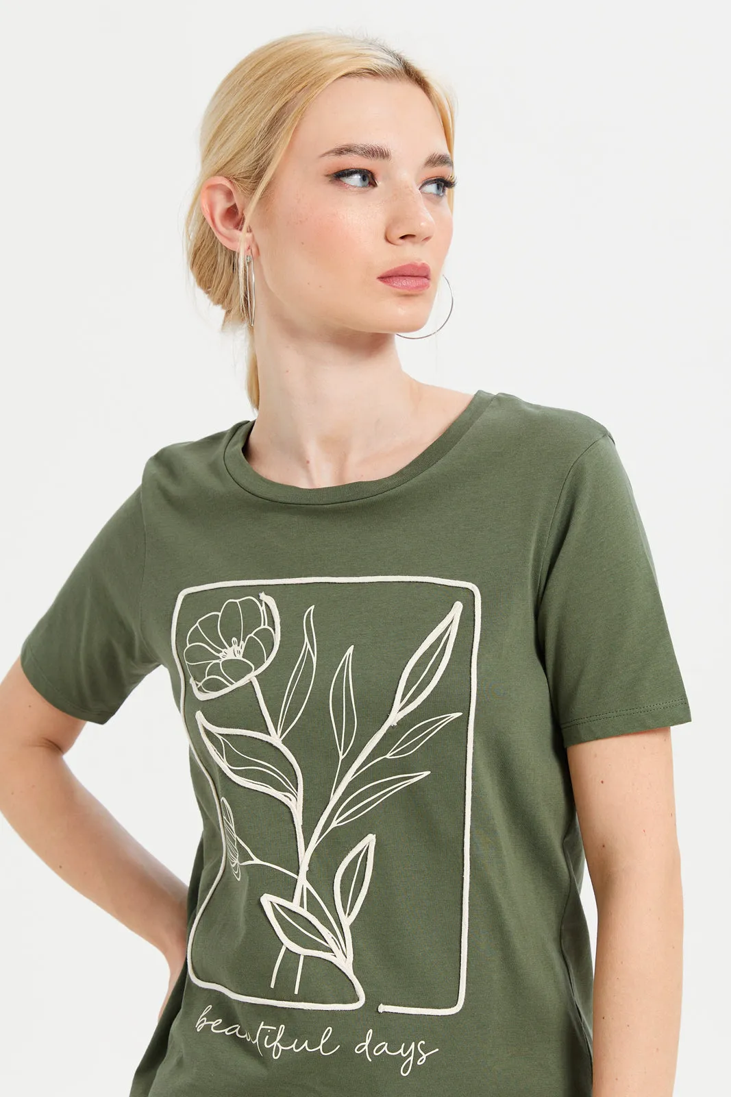 Women Olive Embellished T-Shirt